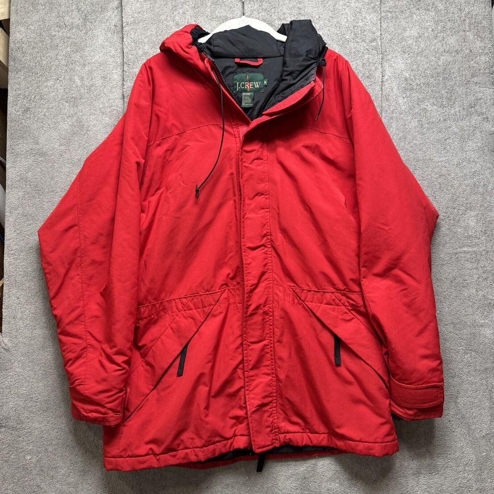 Vtg J Crew Jacket Mens M Red 3 Pocket Hood Nylon Water Resist Insulated Nautical